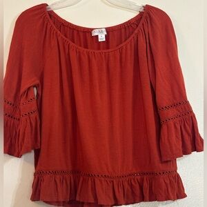 Elegant Terracotta Blouse with Crochet Accents On or Off Shoulder